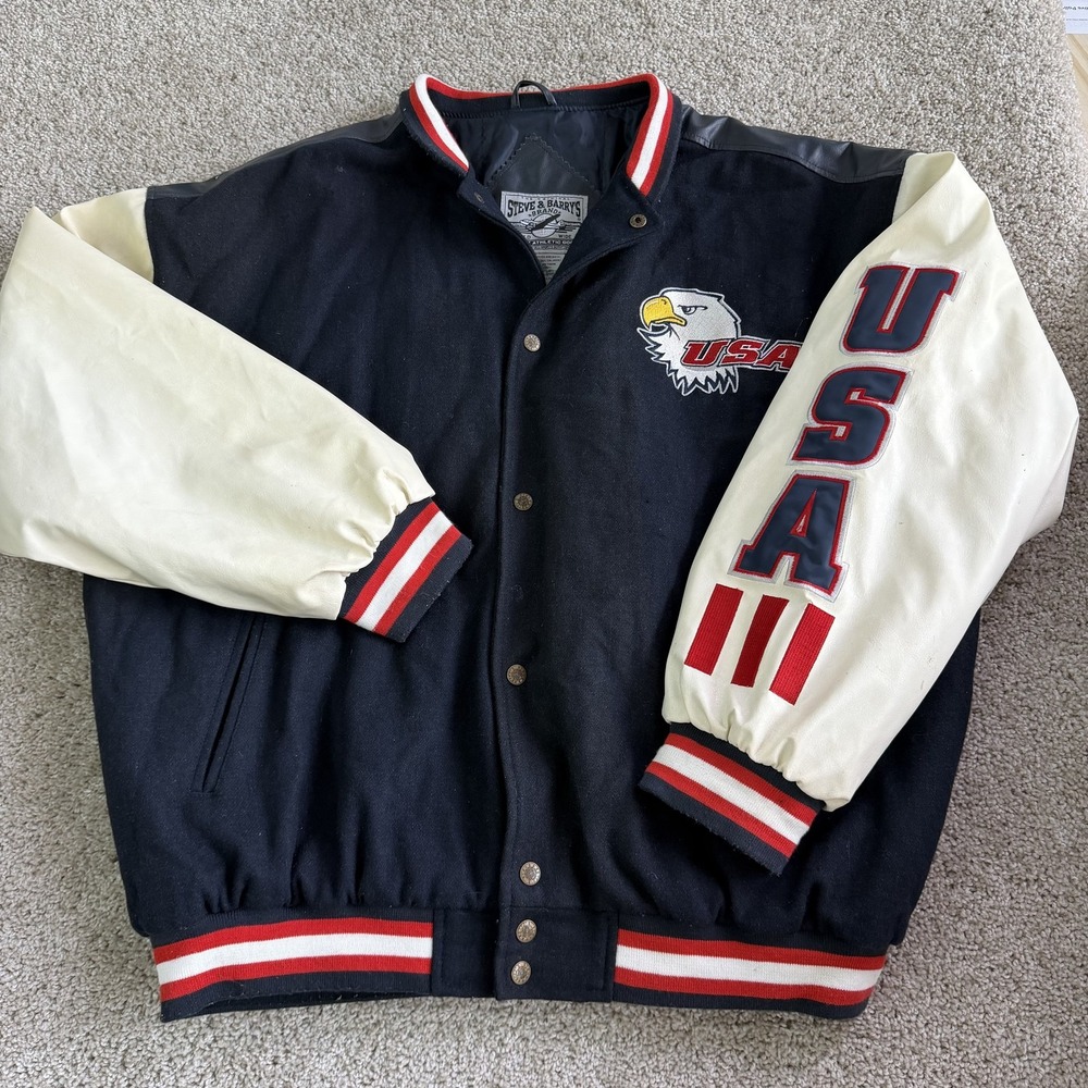 Y2K Steve & Barry's Jacket Mens 2XL Blue USA Eagle Varsity Snap Lined Sleeves